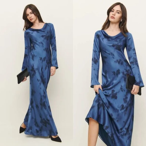 NWT Reformation Ciana Satin Maxi Dress Sz 6 In Fantasy Blue Floral Long